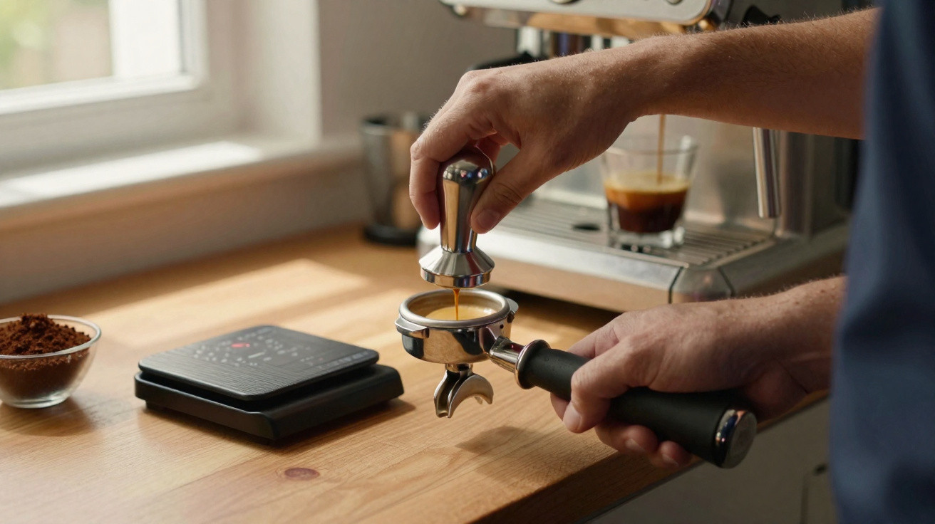 Person tampt gemahlenen Kaffee in Siebträger neben einer Espresso-Maschine auf Holzarbeitsplatte ab.