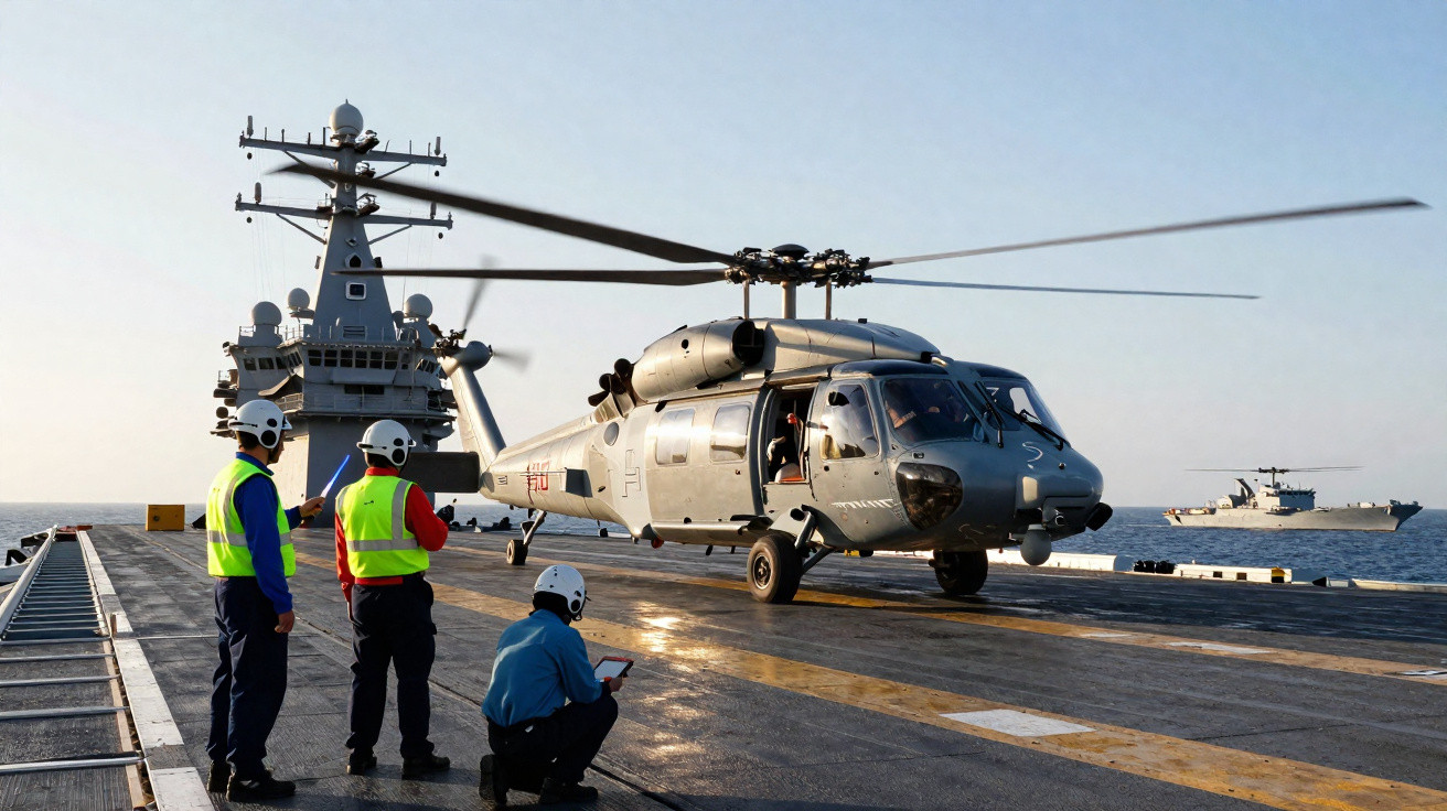 Helikopter startet auf Flugdeck eines Kriegsschiffs, drei Personen mit Schutzhelmen koordinieren Start bei Sonnenuntergang.
