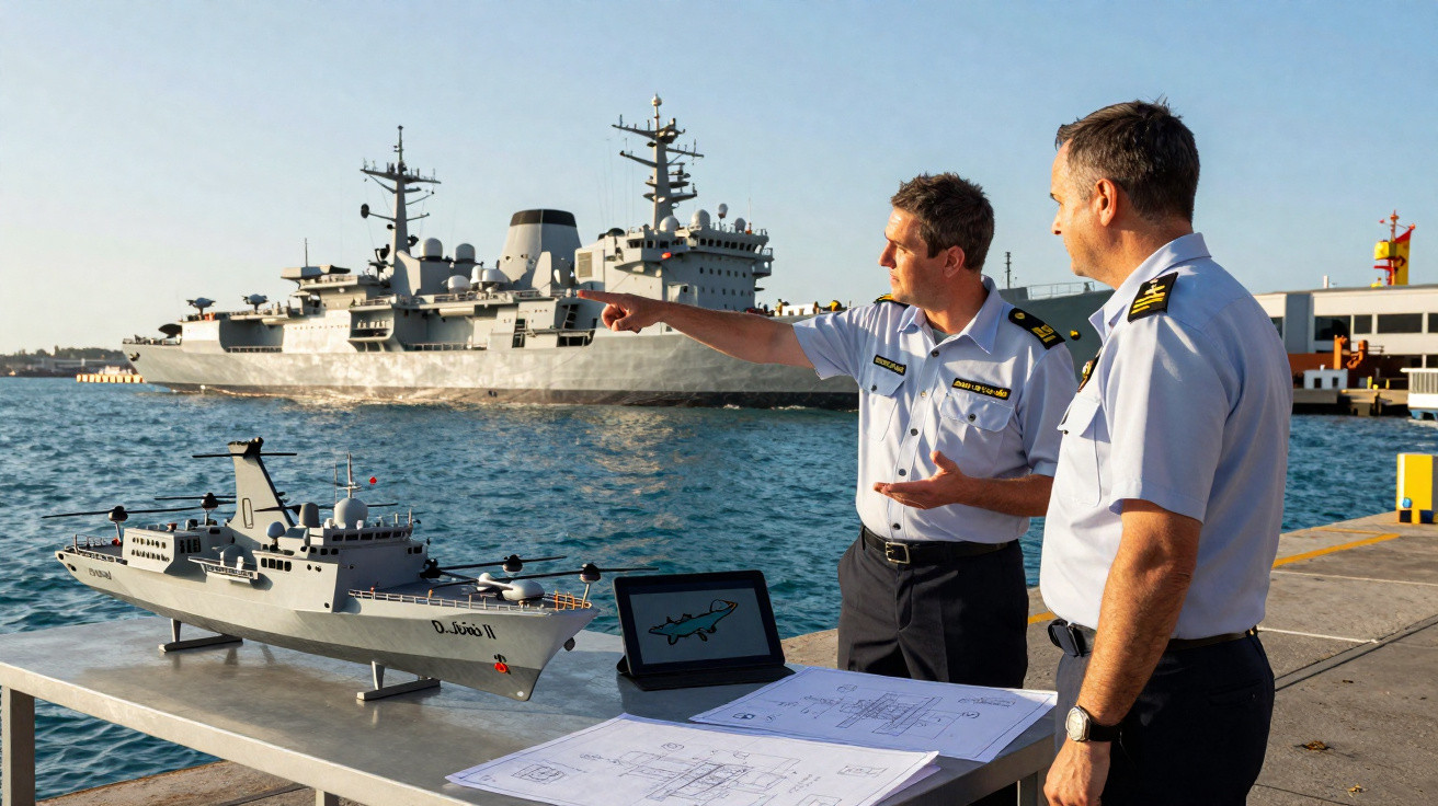 Zwei Marineoffiziere besprechen am Hafen ein Schiffsmodell und technische Zeichnungen mit großem Kriegsschiff im Hintergrund.