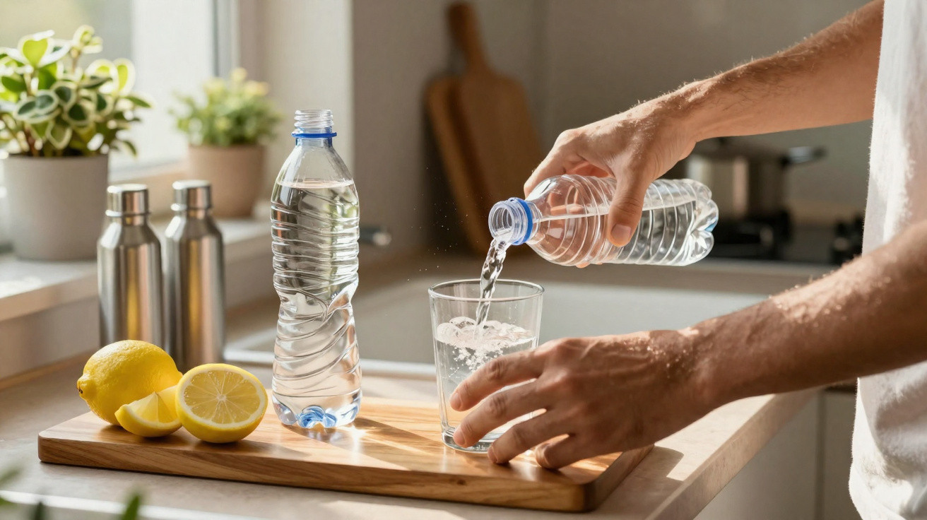 Person gießt Wasser aus Plastikflasche in Glas auf einem Schneidebrett mit Zitronen daneben in heller Küche.