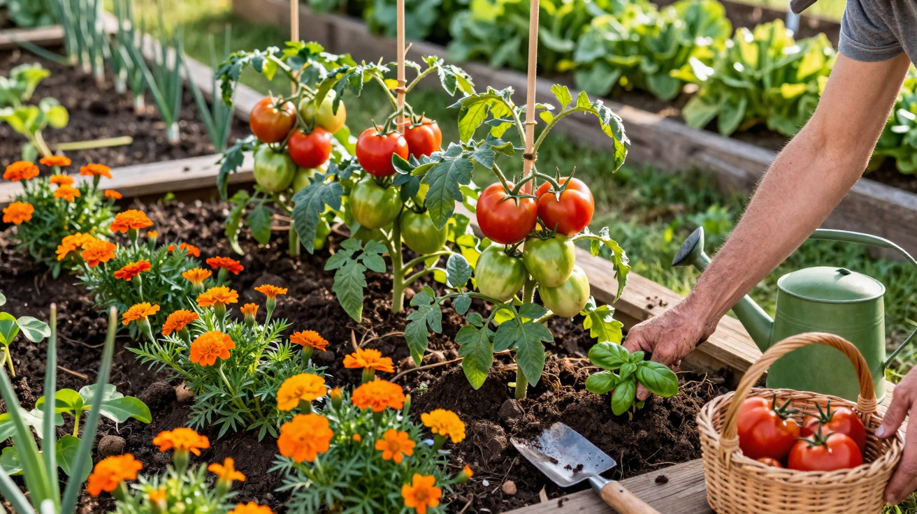 Gartenbeet mit reifen Tomaten, orange Blüten und einer Hand, die frischen Basilikum erntet.