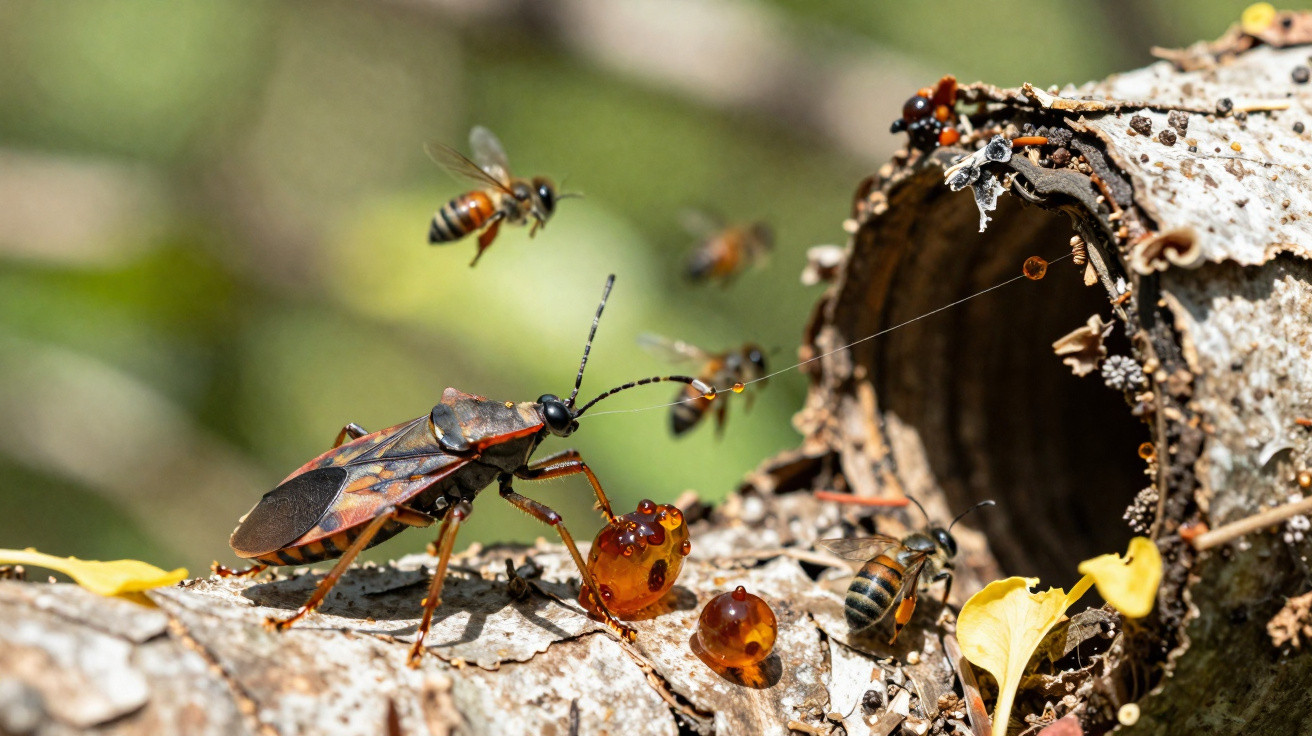 Nahaufnahme einer Wanze und Bienen auf Baumrinde mit Bernsteintropfen und Spinnfaden.