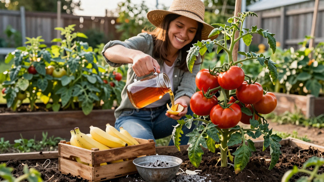 Frau gießt Wasser auf Tomatenpflanze im Garten, neben ihr Kiste mit Bananen und Schüssel mit Vogelfutter.