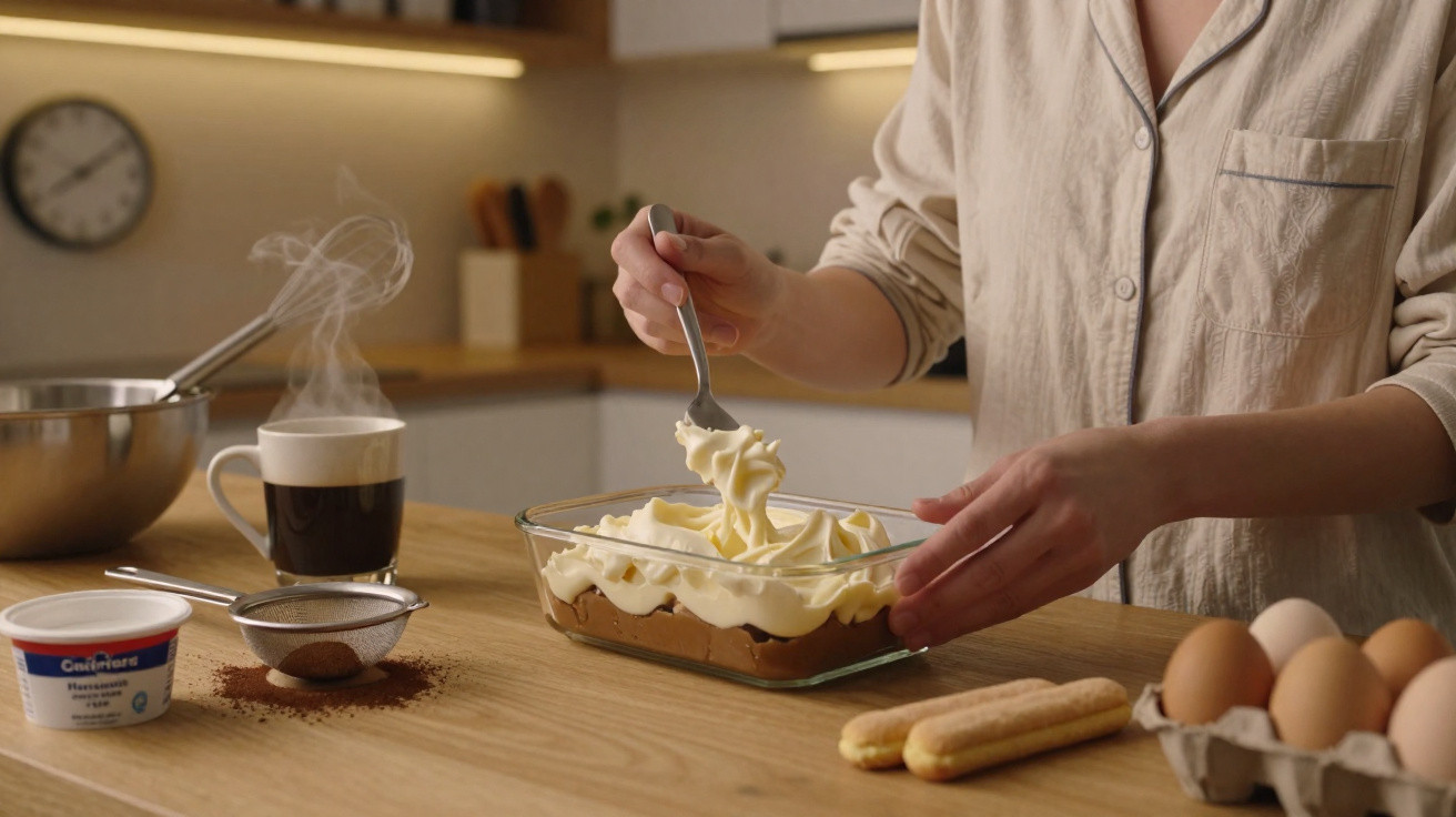 Person bedeckt eine Dessertschicht mit cremiger Mascarpone in einer Küchenumgebung mit Eiern und Kaffee.