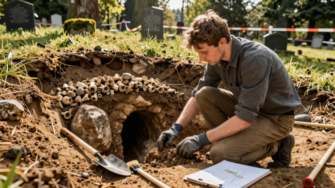 Archäologe gräbt bei Ausgrabung vor einem mit Knochen und Erde bedeckten Grabmal auf Friedhof.