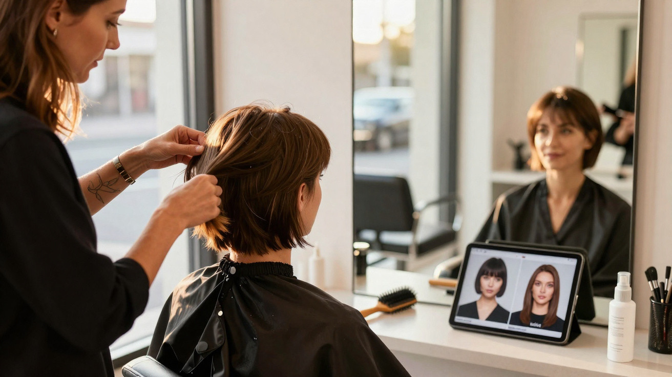 Frau im Friseursalon lässt sich am Spiegel die Haare vom Stylisten stylen, Tablet zeigt Frisurenvergleich.