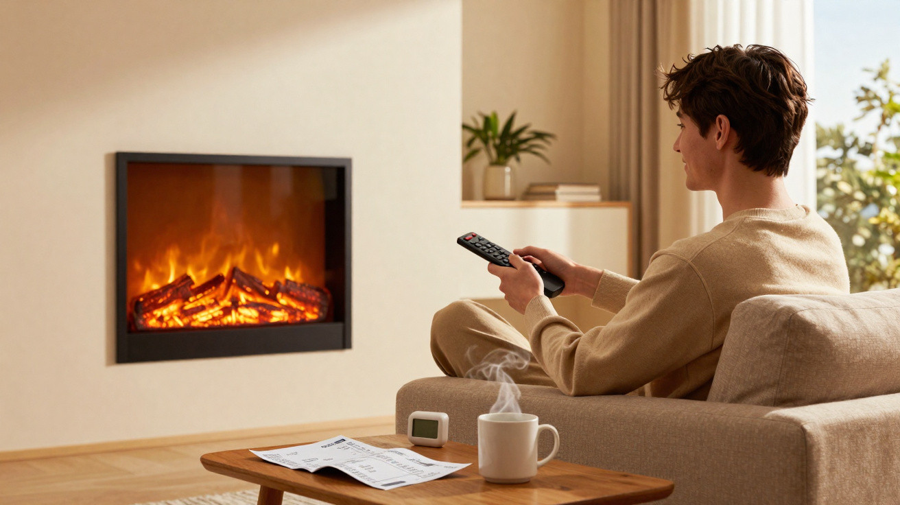 Junger Mann sitzt auf Sofa, hält Fernbedienung, vor ihm elektrischer Kamin und dampfende Tasse auf dem Tisch.