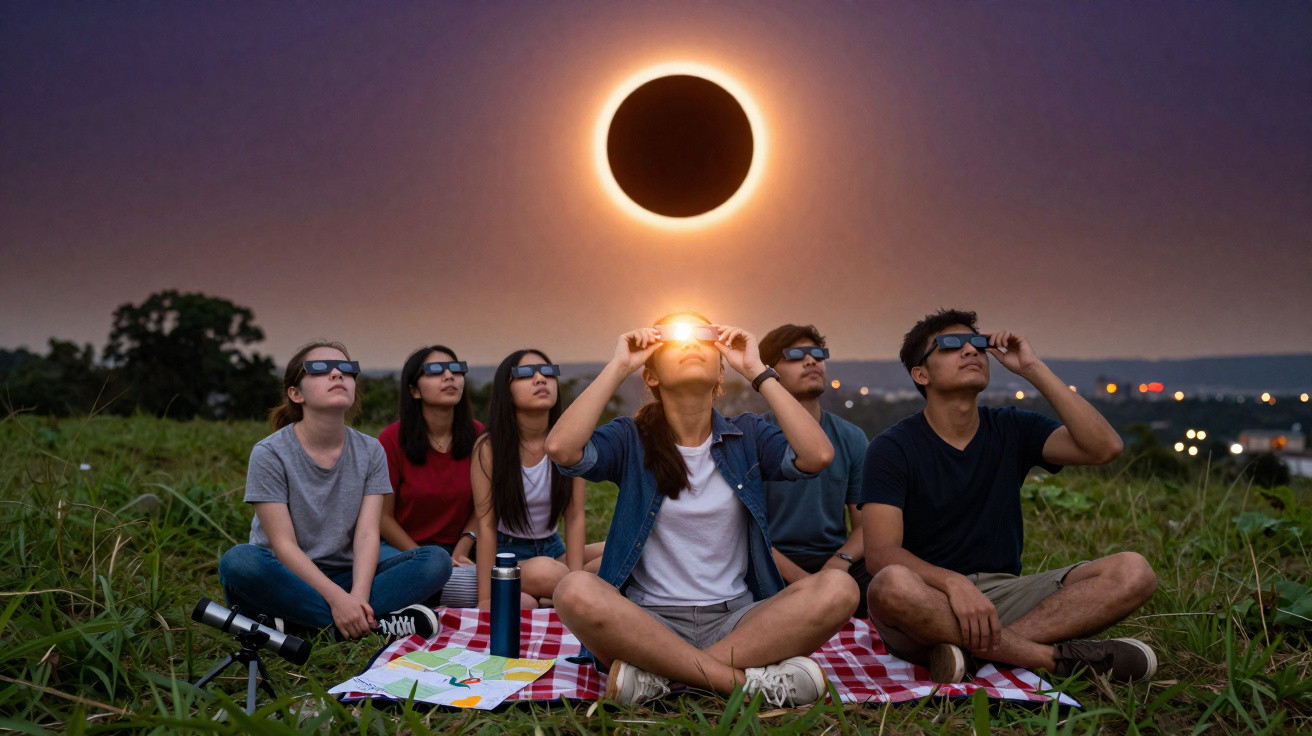Sechs Personen sitzen auf einer Wiese und schauen mit Schutzbrillen eine Sonnenfinsternis an.