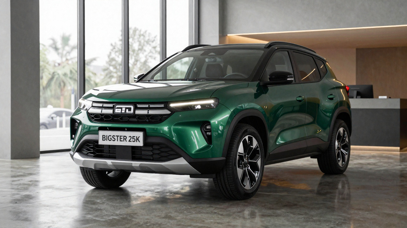 Grüner SUV-Geländewagen Bigster 25K steht in modernem Raum mit großen Fenstern und Betonboden.