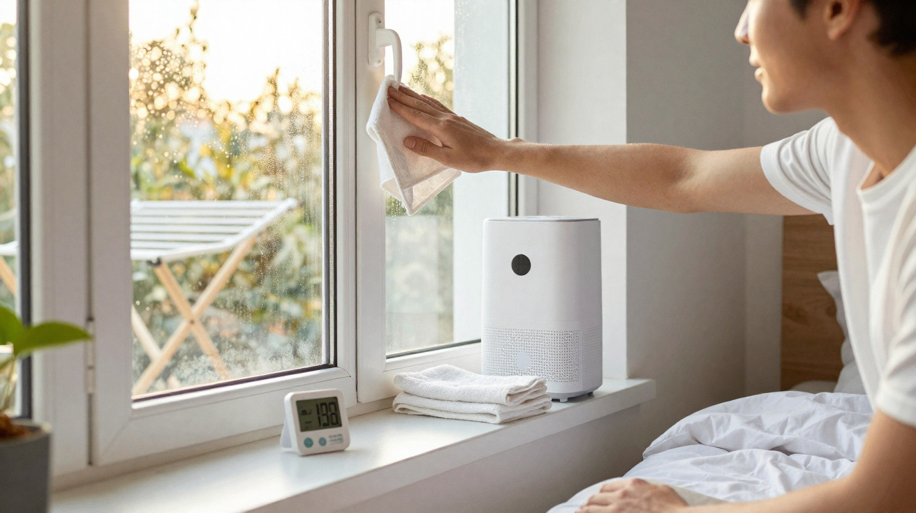 Person wischt Fenster im Schlafzimmer, auf der Fensterbank stehen Luftreiniger, Handtücher und ein Hygrometer.