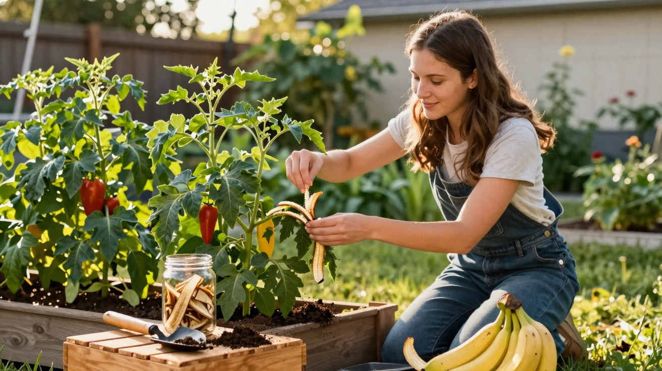 Frau in Gärtnerkleidung schält Bananen vor einem Hochbeet mit Paprika im Garten bei Sonnenschein.
