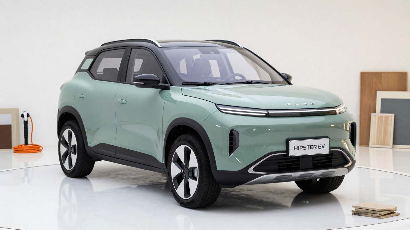 Hellgrüner kompakter Elektro-SUV mit schwarzem Dach und modernen LED-Scheinwerfern auf weißem Hintergrund.