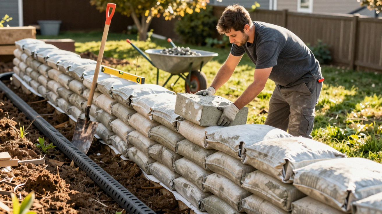 Mann errichtet mit Zementsäcken und Betonblock eine Gartenmauer im sonnigen Garten.