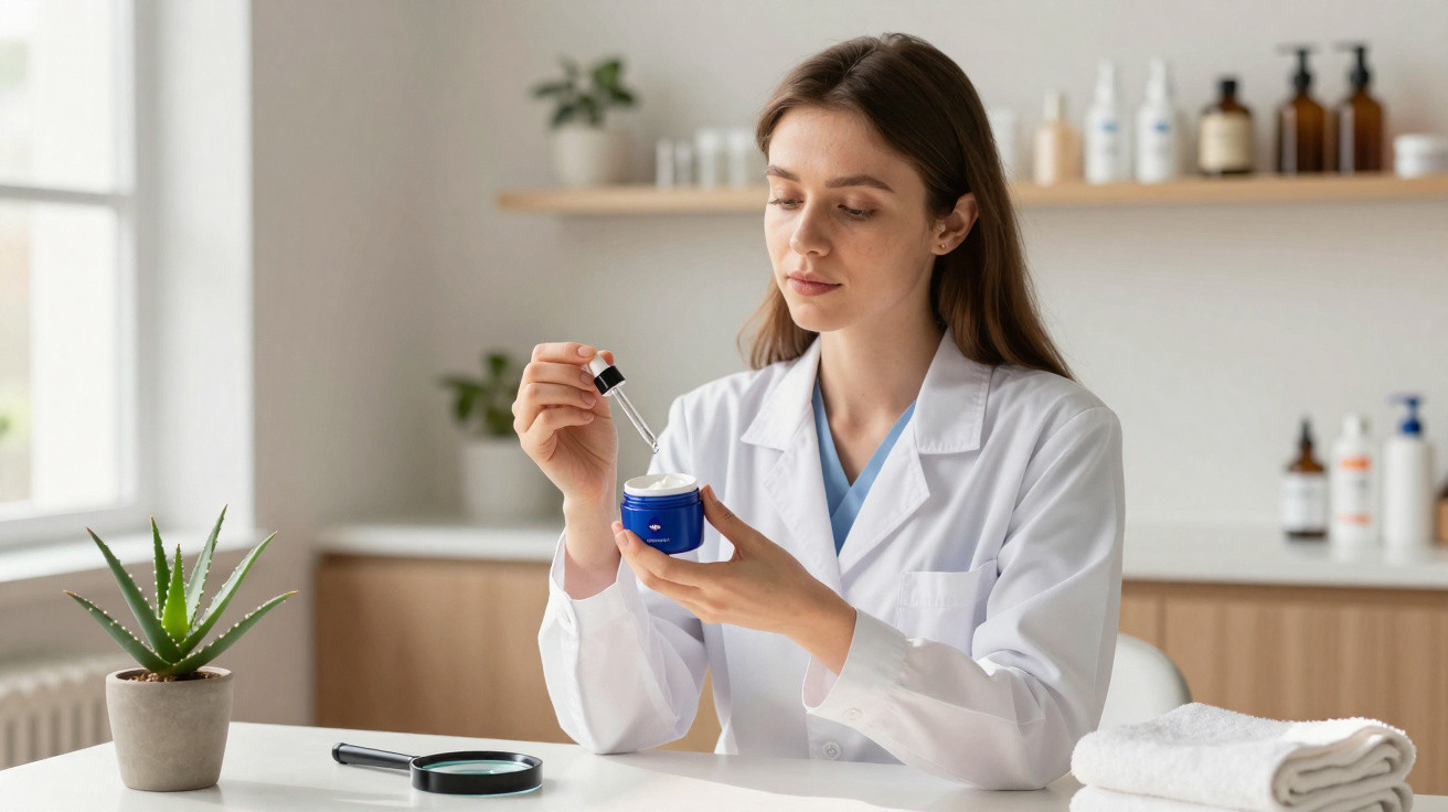 Frau in weißem Laborkittel untersucht Kosmetikcreme mit Pipette in modernem Laborraum.