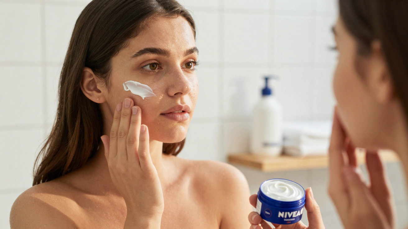 Frau trägt Gesichtscreme auf ihre Wange auf, hält einen geöffneten Nivea-Creme-Tiegel im Badezimmer.