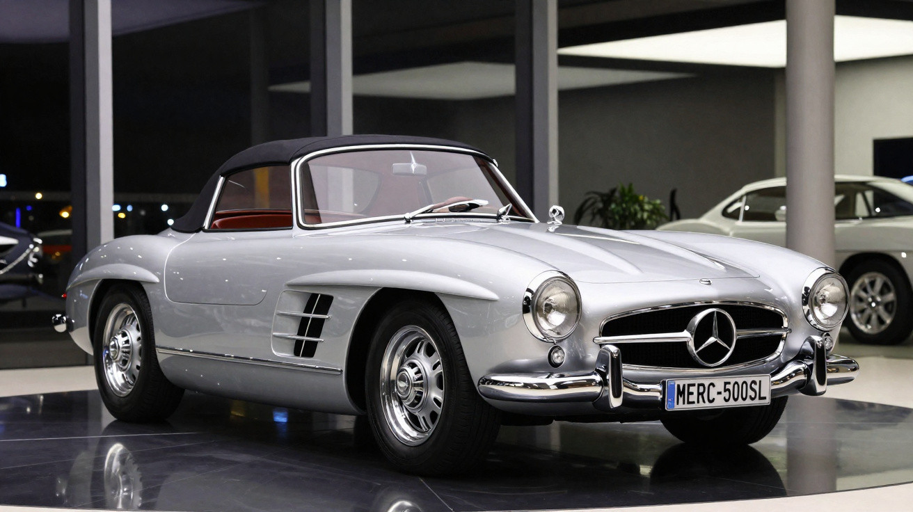 Silberner Mercedes-Benz 300SL Roadster im Showroom mit schwarzem Verdeck und Chromdetails.
