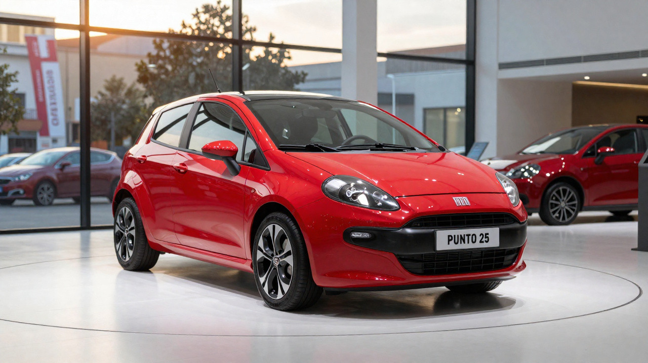 Roter Fiat Punto 25 Kleinwagen im modernen Ausstellungsraum mit großen Fenstern und Tageslicht.