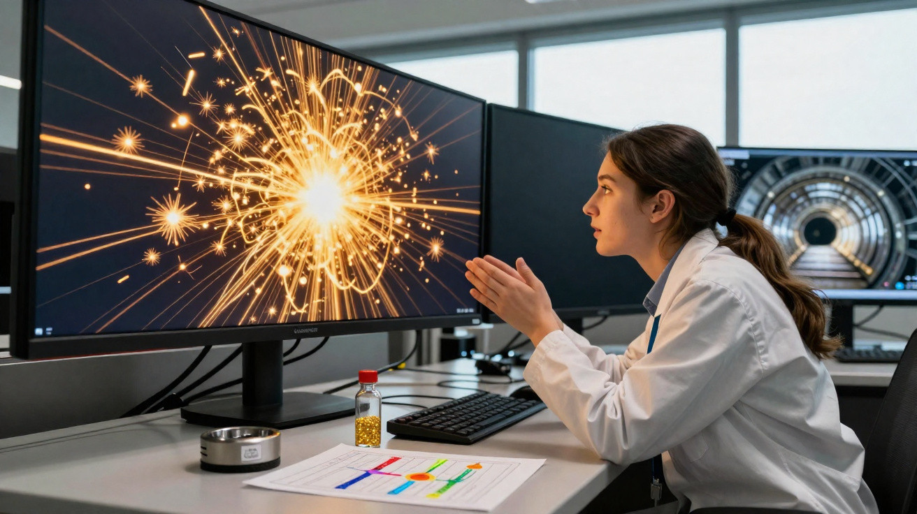 Wissenschaftlerin im Labor beobachtet Funkenexplosion auf einem Computermonitor neben Laborunterlagen.