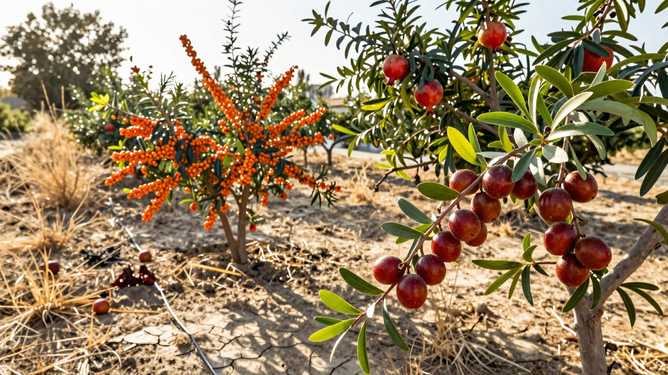 Jujube-Bäume mit reifen roten Früchten und einem Strauch mit orangenen Beeren in trockener, sonniger Umgebung.