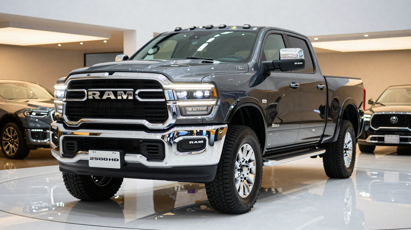 Grauer RAM 2500 HD Pickup-Truck in einem hellen Autohaus, seitliche Ansicht, glänzende Chromdetails.