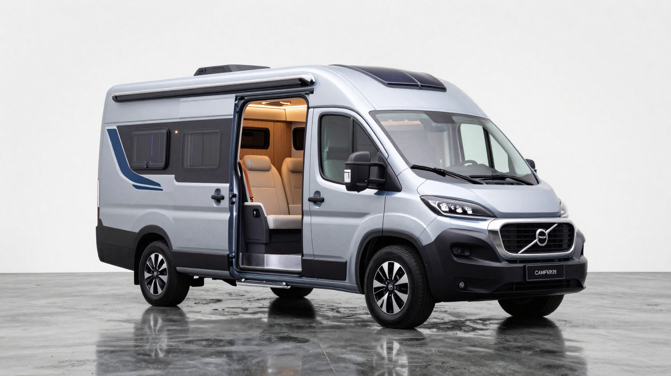 Silberner Camper-Van mit geöffneter Tür und sichtbarem Innenraum in hellem Studio.