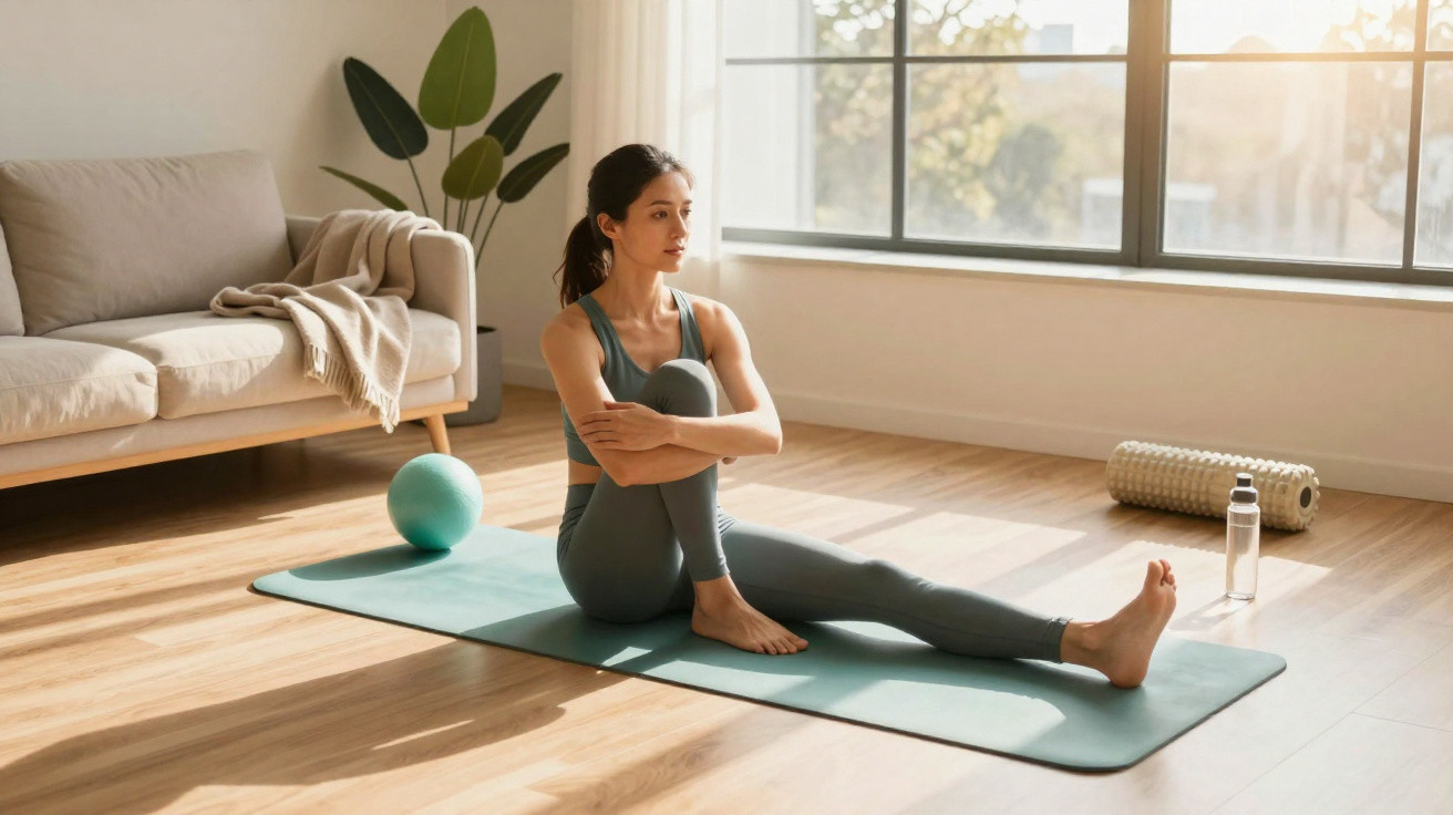 Frau macht Dehnübungen auf Yogamatte in hellem Wohnzimmer mit Sofa und großen Fenstern.