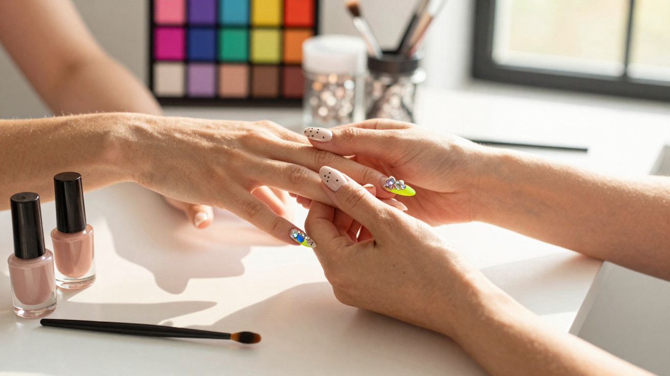 Maniküre mit Nageldesign und Nagellackflaschen auf weißem Tisch vor Fenster und Farbkarte.