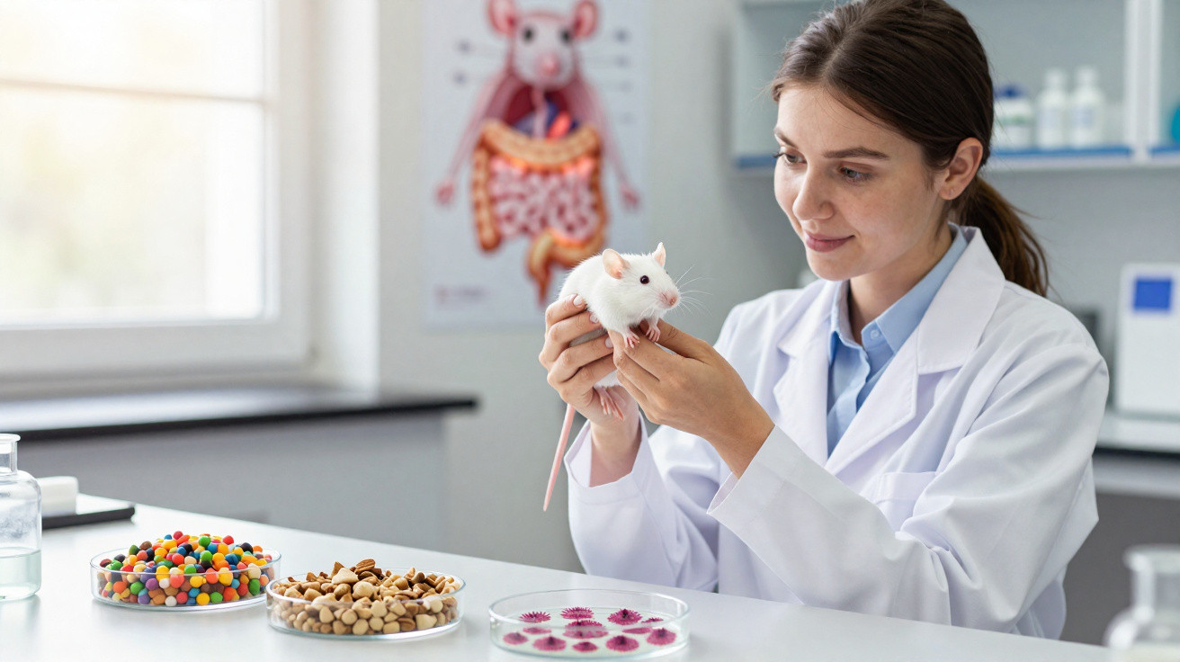 Wissenschaftlerin im Labor hält weiße Laborratte, vor ihr verschiedene Proben und Futtermittel auf dem Tisch.