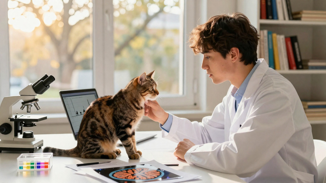 Junger Tierarzt im weißen Kittel streichelt eine gestromte Katze im Labor mit Mikroskop und Laptop.