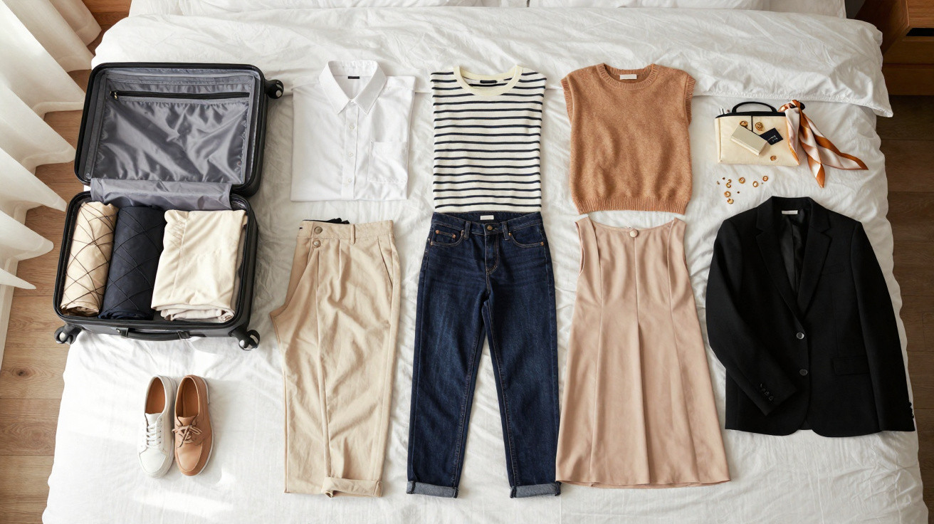 Offene Reisetasche, verschiedene Damenoutfits und Accessoires ordentlich auf einem Bett arrangiert.