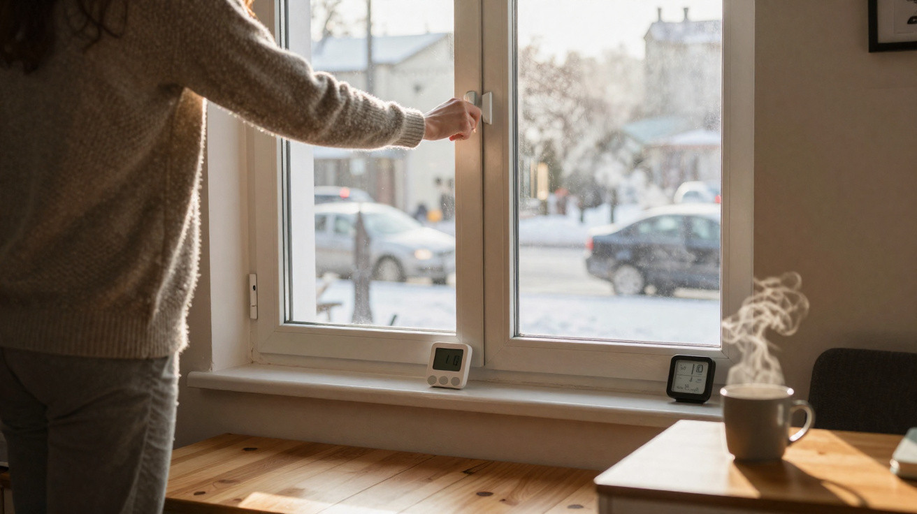 Frau öffnet ein Fenster in einem Raum mit Thermometern und dampfender Tasse auf dem Tisch bei winterlichem Wetter draußen.