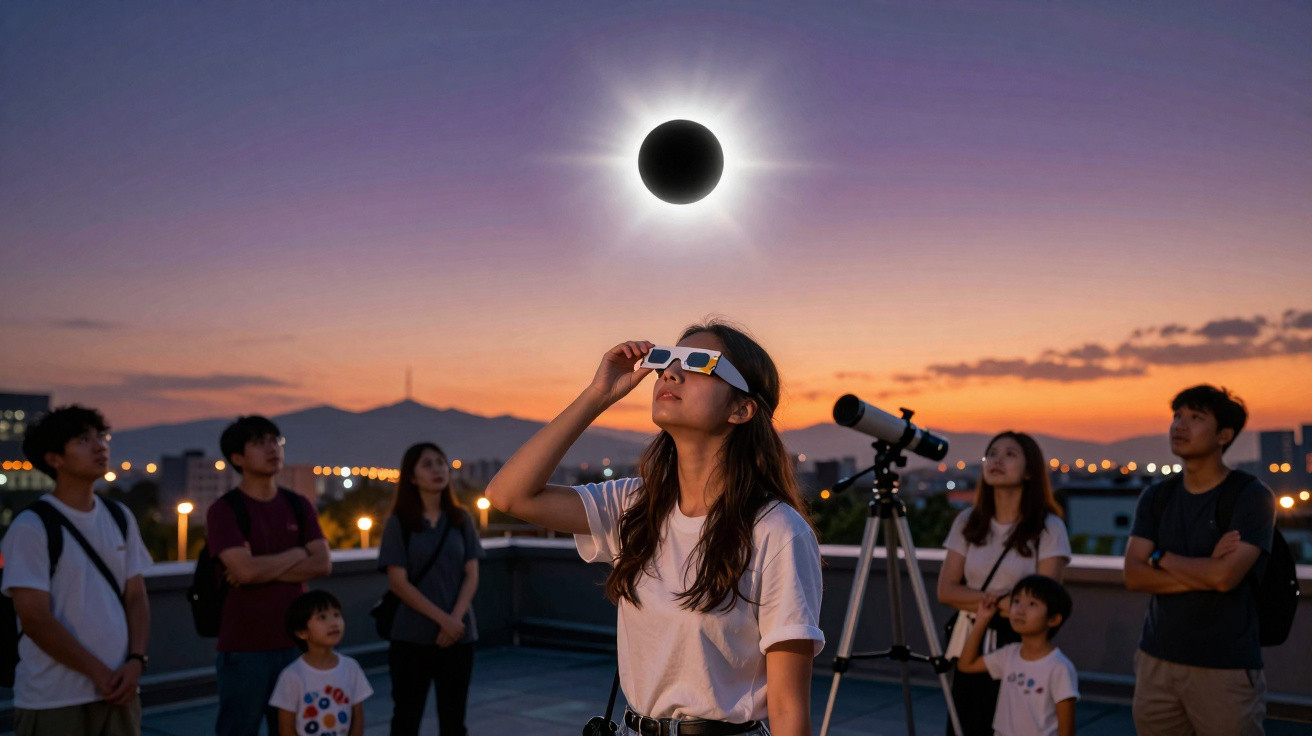 Gruppe von Menschen auf Dach beobachtet Sonnenfinsternis bei Sonnenuntergang mit Schutzbrillen und Teleskop.