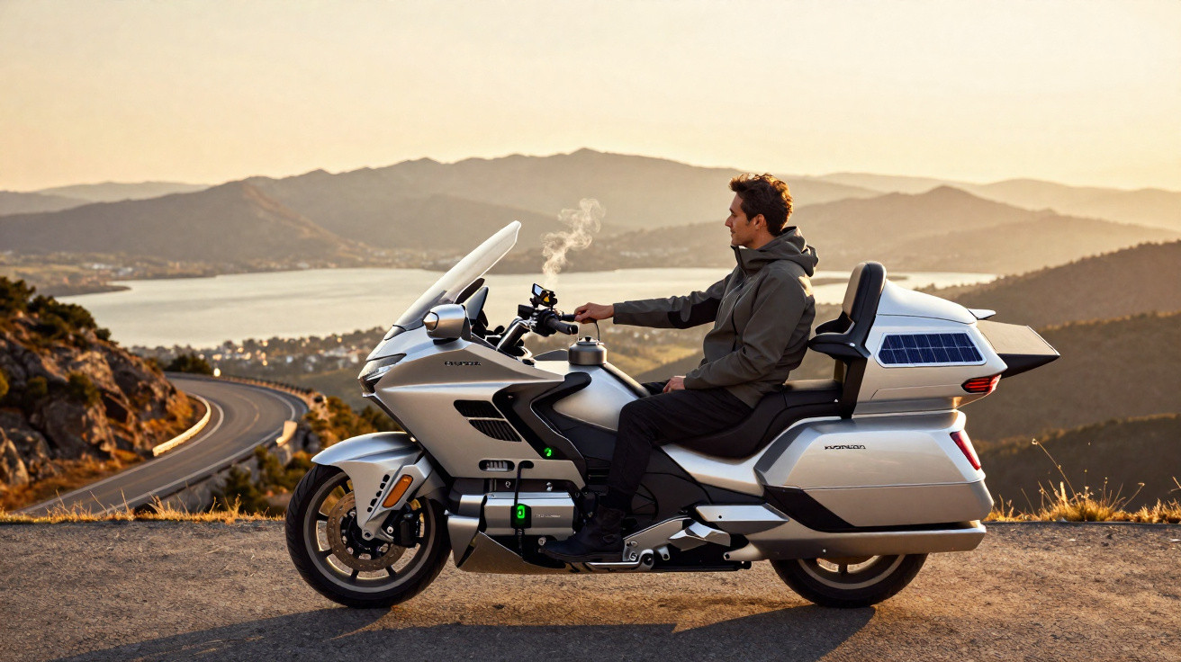 Mann auf silbernem Motorrad an Bergstraße mit Ausblick auf See und Sonnenuntergang.