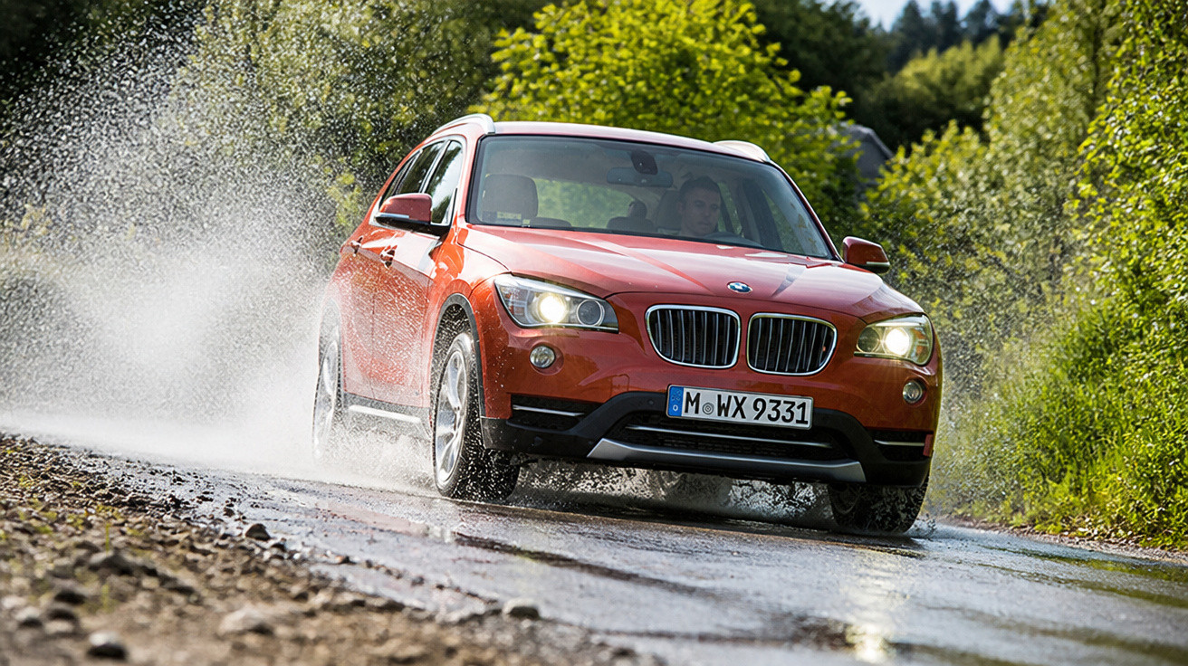 Oranger BMW SUV fährt auf einer nassen Landstraße, spritzt Wasser, umgeben von grünem Laub.