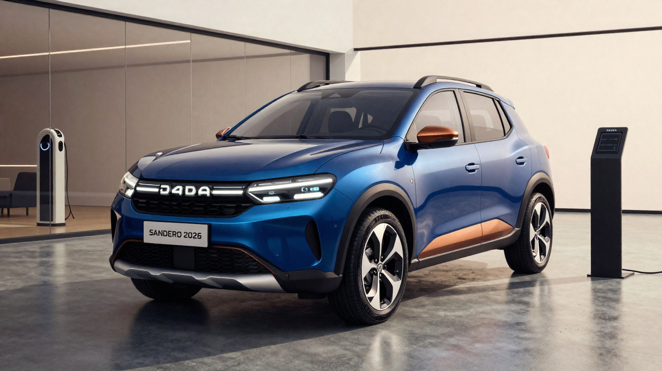 Blauer Dacia Sandero 2026 Elektroauto vor Ladestation in modernem, hellem Raum mit Glasfront.