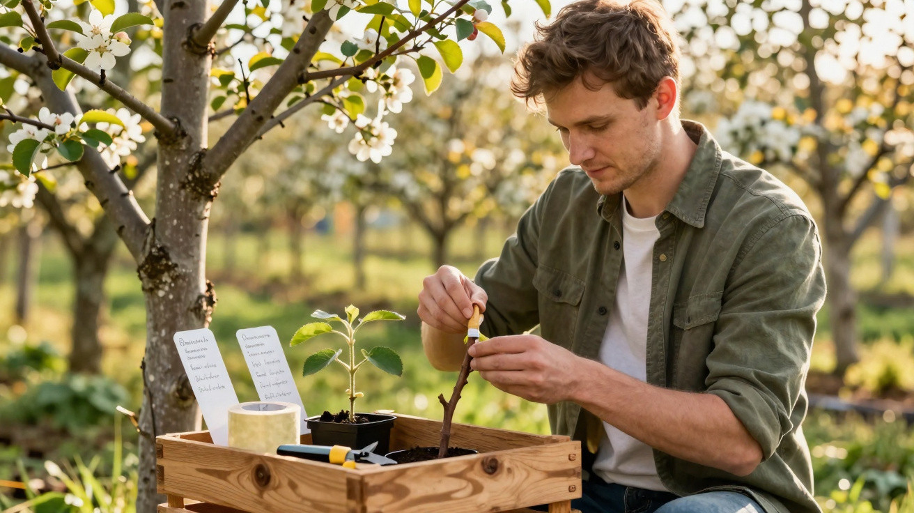 Mann pfropft eine Pflanze in einem Holzkasten im Garten mit blühenden Bäumen im Hintergrund.