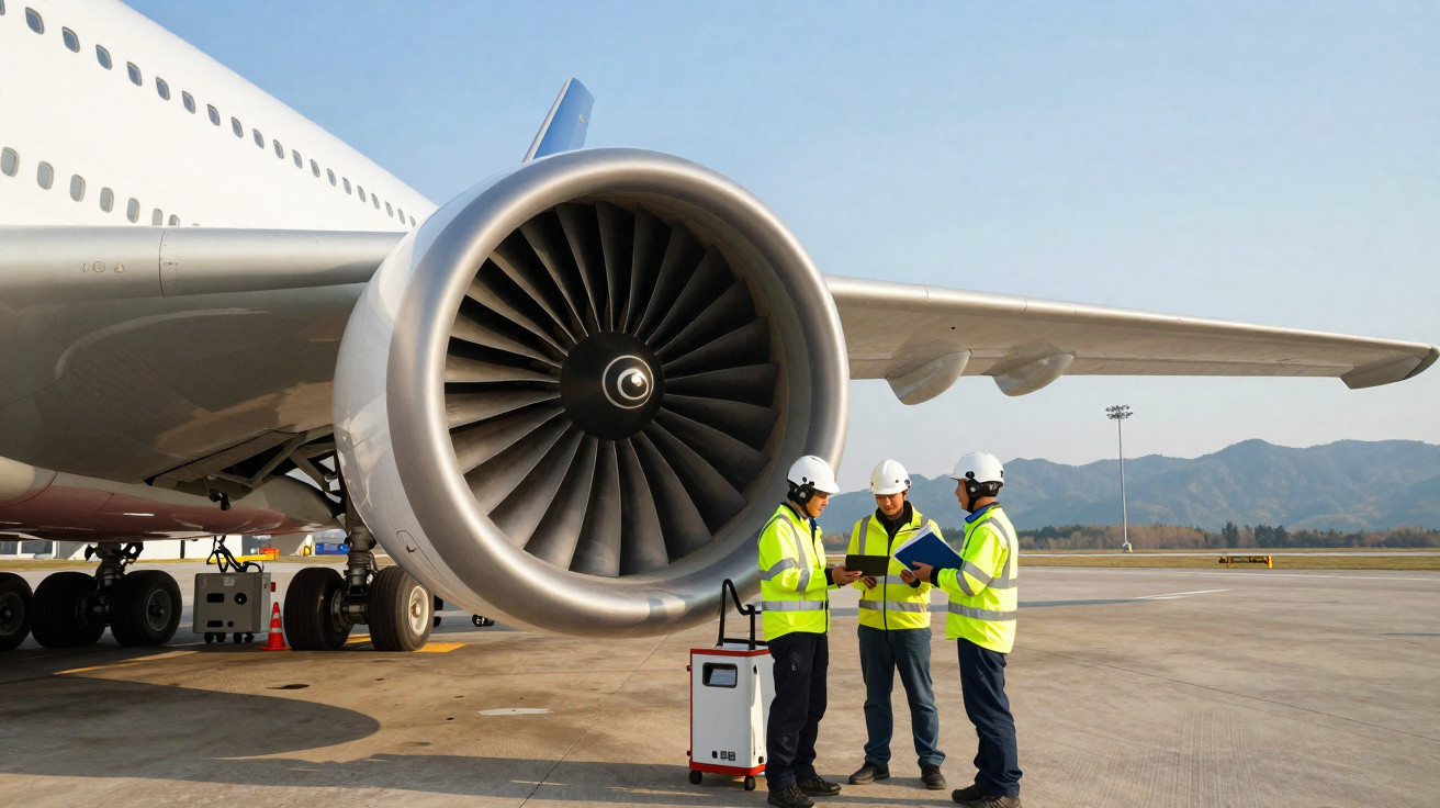 Drei Techniker in Schutzkleidung prüfen das Triebwerk eines geparkten Flugzeugs auf dem Flughafen.