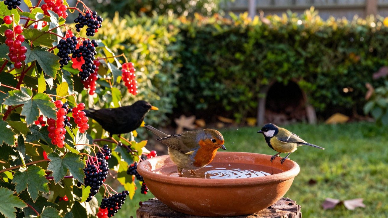 Rotkehlchen, Kohlmeise und Amsel trinken aus einer Ton-Schale im Garten neben reifen roten und schwarzen Beeren.
