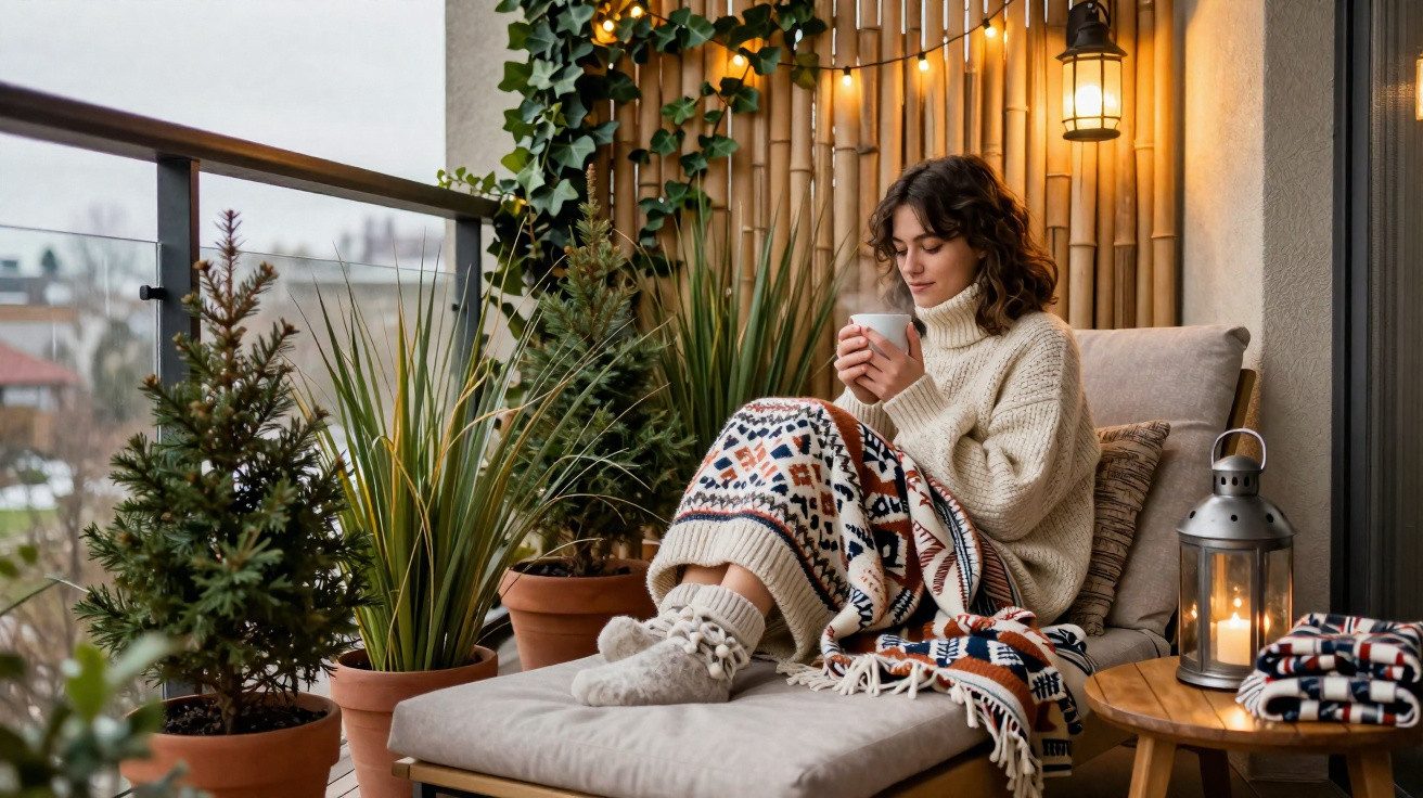 Frau mit Strickpullover und Decke trinkt Tee auf Balkon mit Pflanzen und Laterne an Wand aus Bambus.
