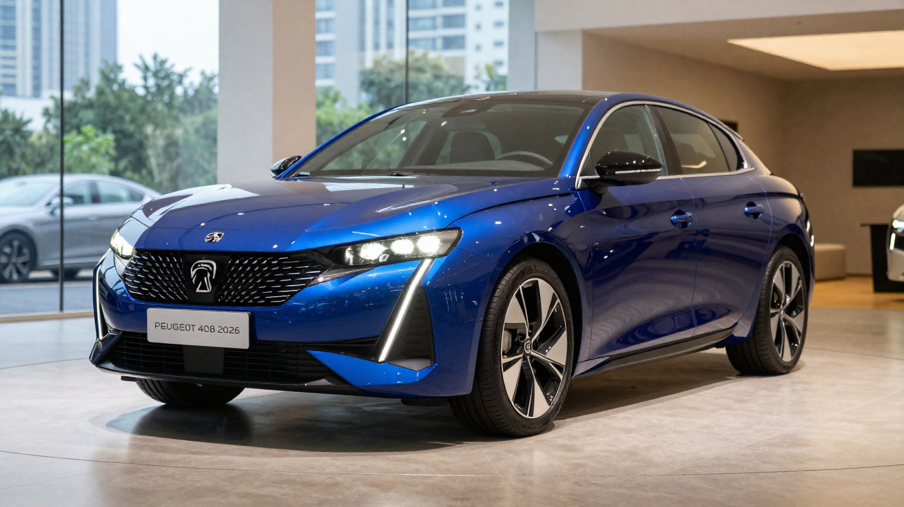 Blauer Peugeot 408 2026 im Showroom mit modernem Design und LED-Scheinwerfern.
