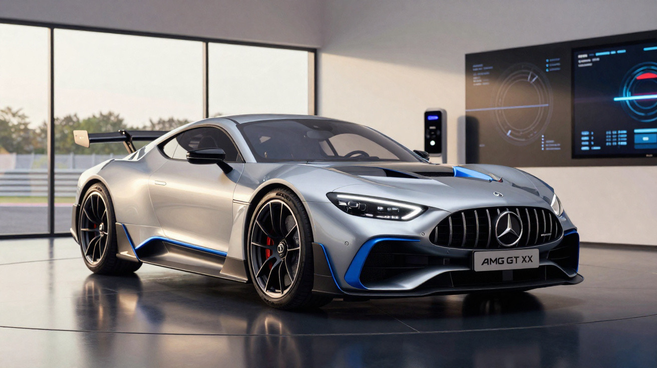 Silberner Mercedes AMG GT XX Sportwagen mit blauen Akzenten in modernem Ausstellungsraum