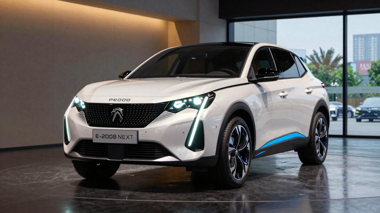 Weißer Peugeot E-2008 Next Elektro-SUV in moderner Ausstellungshalle mit eingeschalteten Lichtern.