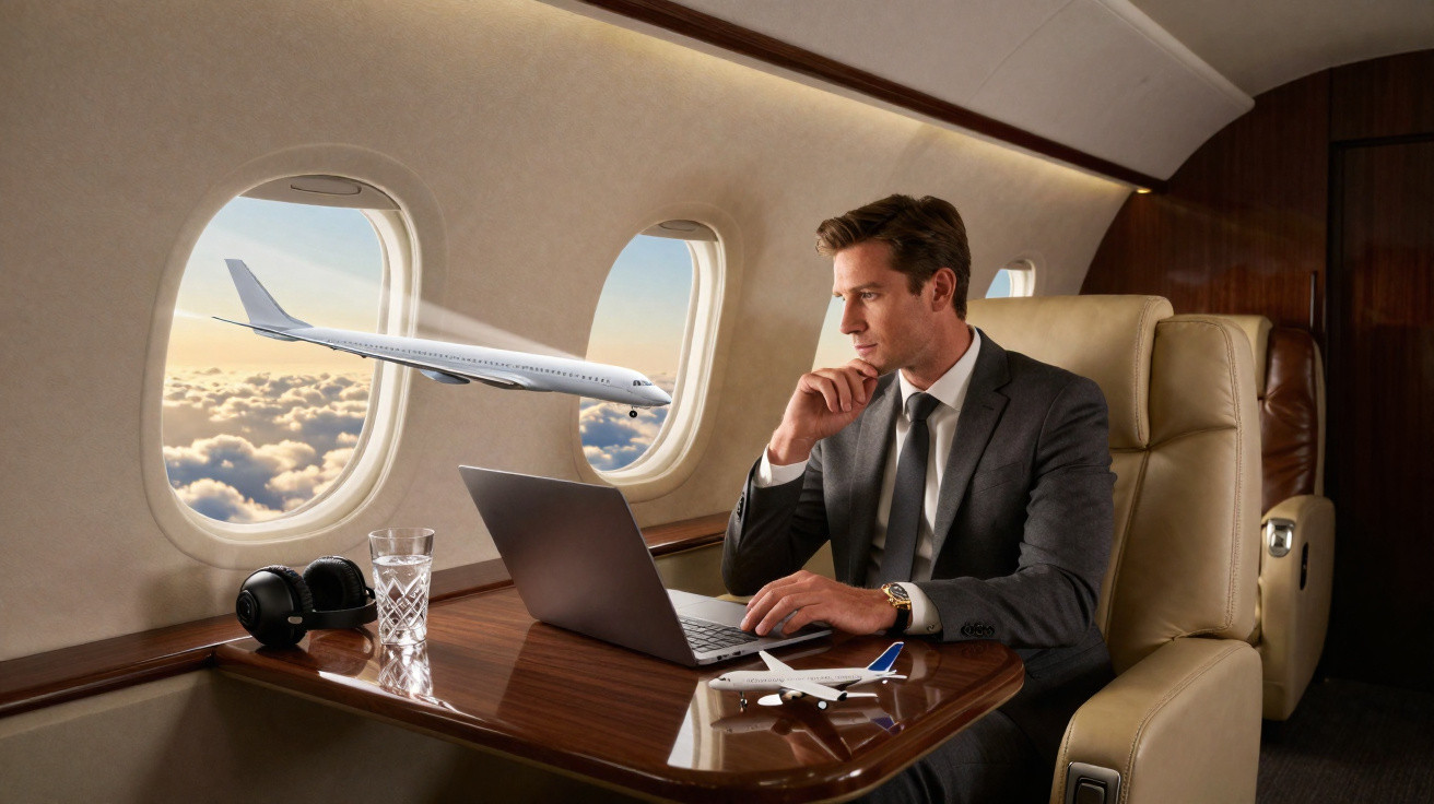 Geschäftsmann arbeitet mit Laptop in Privatjet, Flugzeug fliegt draußen vor dem Fenster über Wolken.