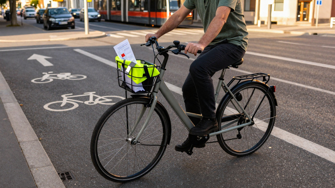 Person fährt Fahrrad auf Fahrradweg neben Straßenbahn mit Korb und Dokumenten vorne am Radkorb.