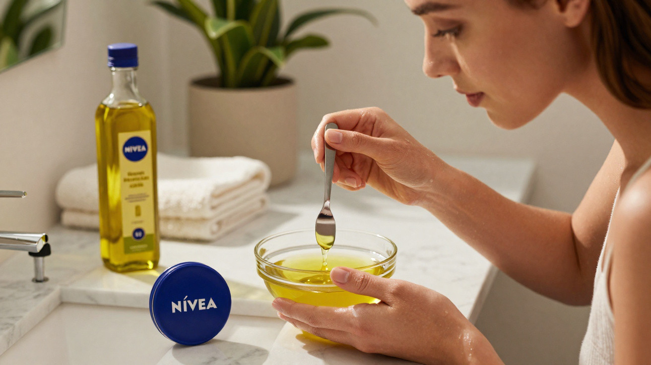 Frau rührt mit Löffel in Schüssel mit gelber Flüssigkeit auf Waschbecken mit Nivea Glanz Haaröl.
