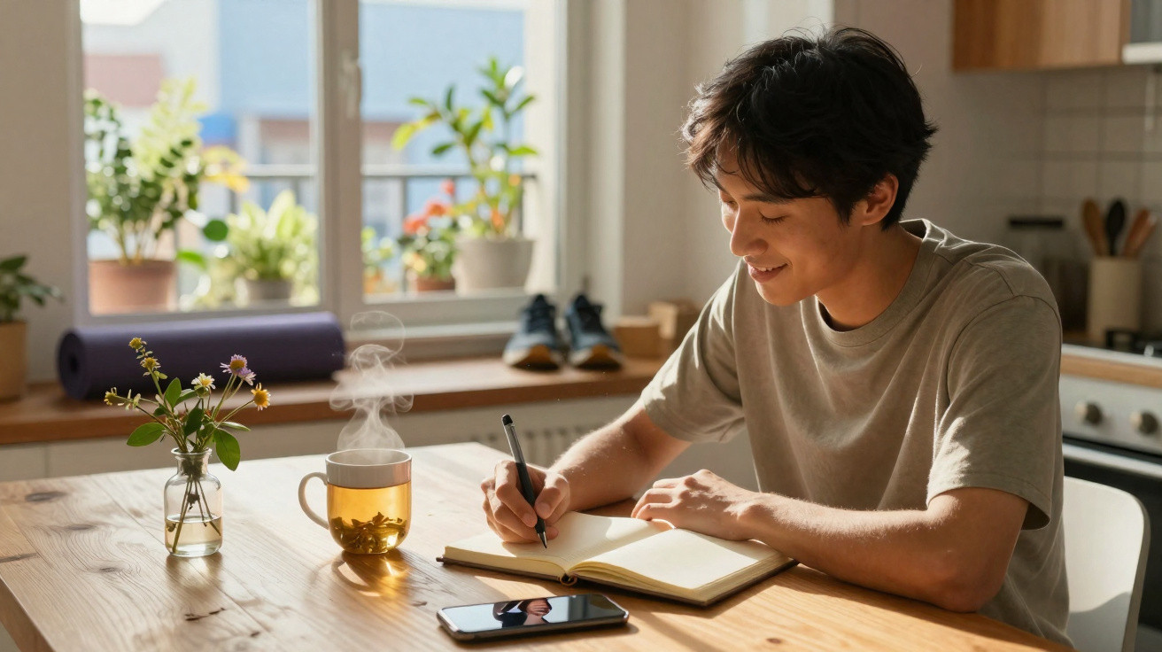 Junger Mann schreibt lächelnd in ein Notizbuch am Tisch mit dampfendem Tee und Smartphone.