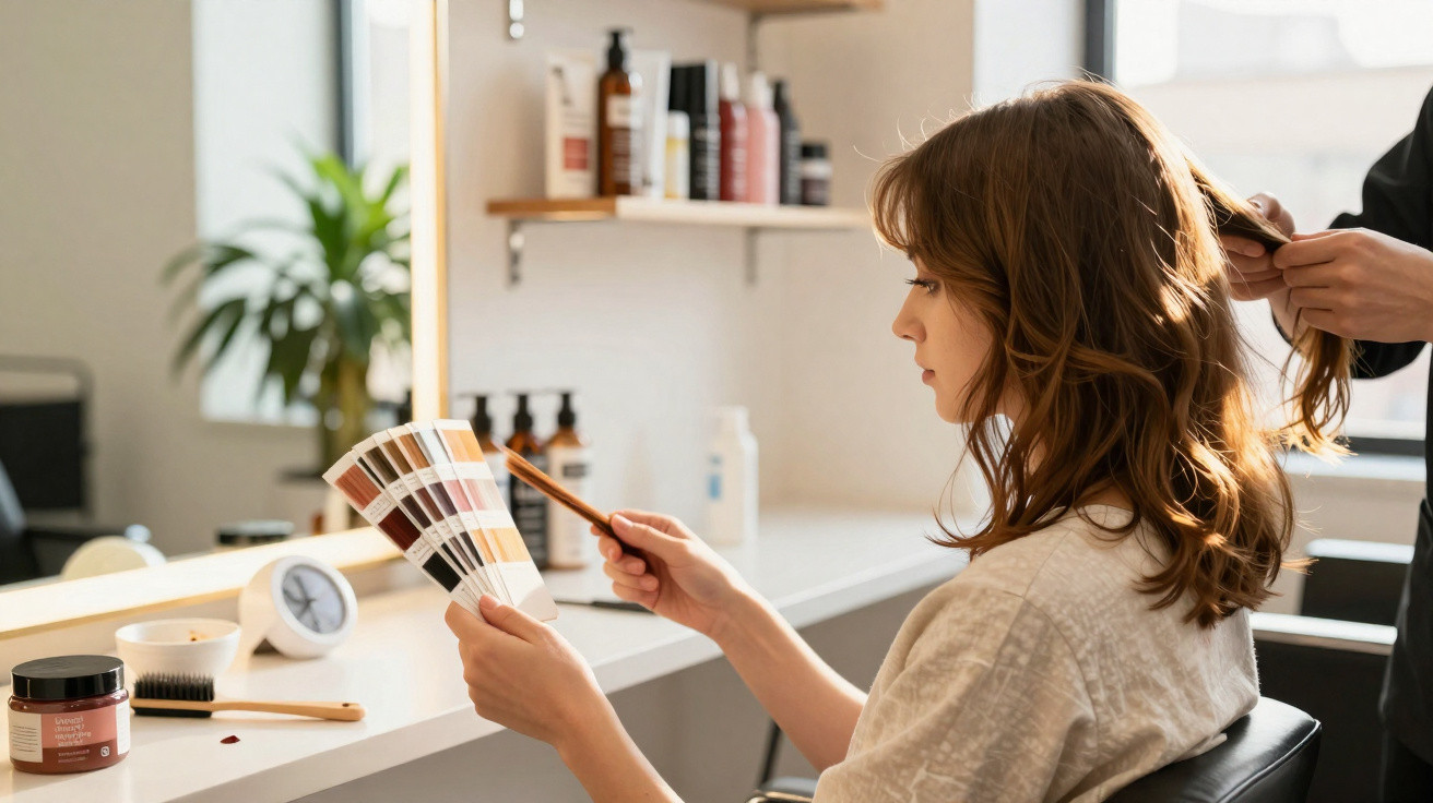 Frau im Friseursalon wählt Haarfarbe aus Farbfächer, während Friseur ihre Haare bearbeitet.
