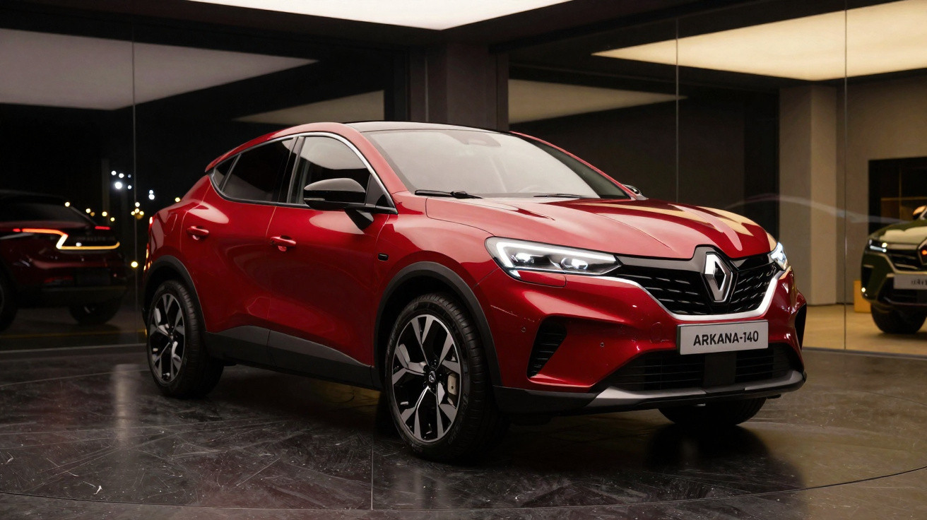 Roter Renault Arkana-140 SUV in modernem Showroom mit Spiegelwänden und Beleuchtung bei Nacht.