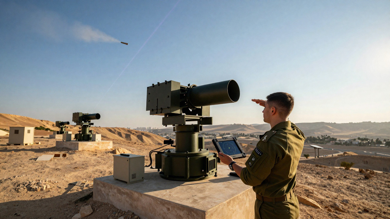 Soldat beobachtet Start einer unbemannten Waffe in einer Wüstenlandschaft bei klarem Himmel.