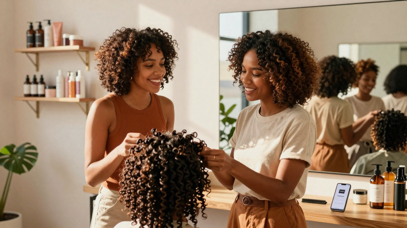 Zwei Frauen stylen Lockenperücke in einem hellen Raum mit Spiegel und Haarkosmetikprodukten.